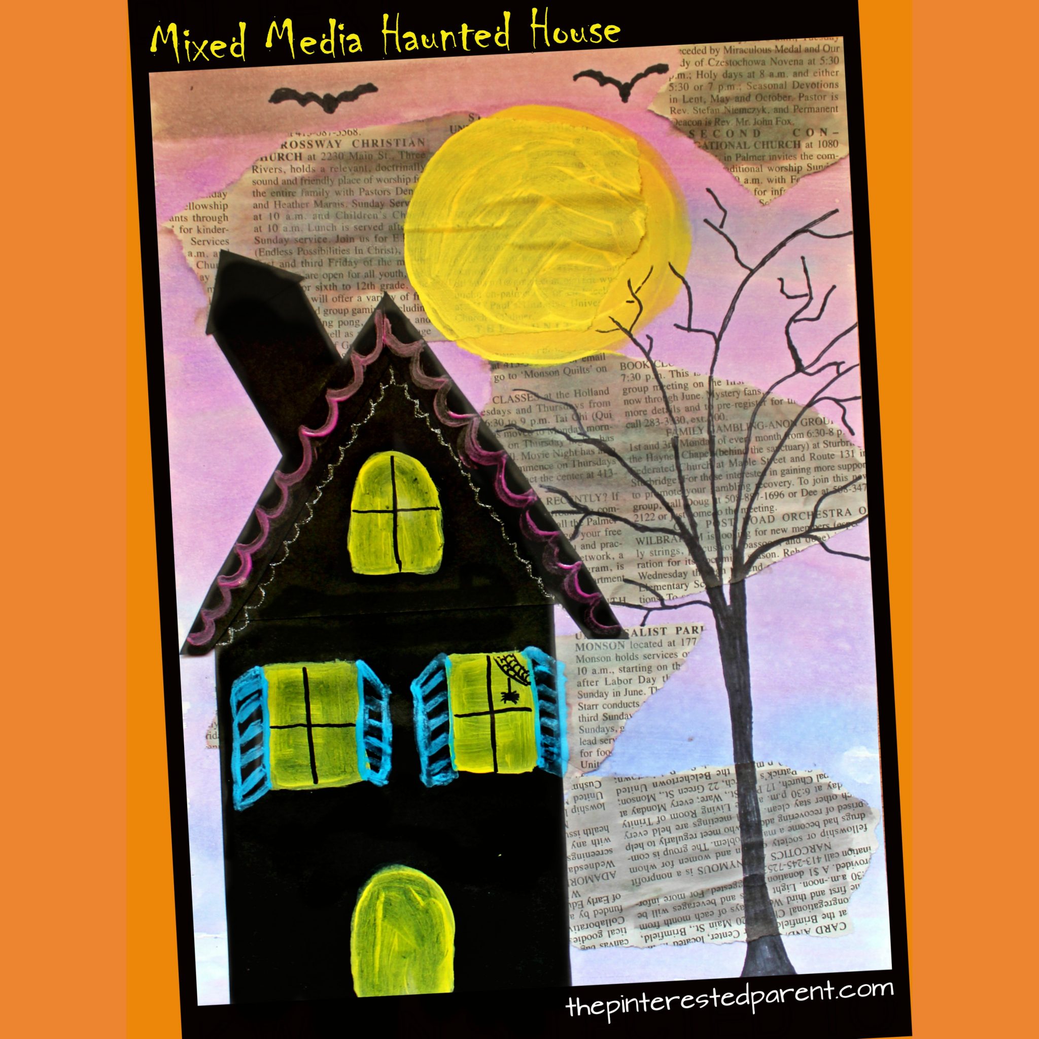 Mixed Media Haunted House for Halloween - arts and crafts for kids