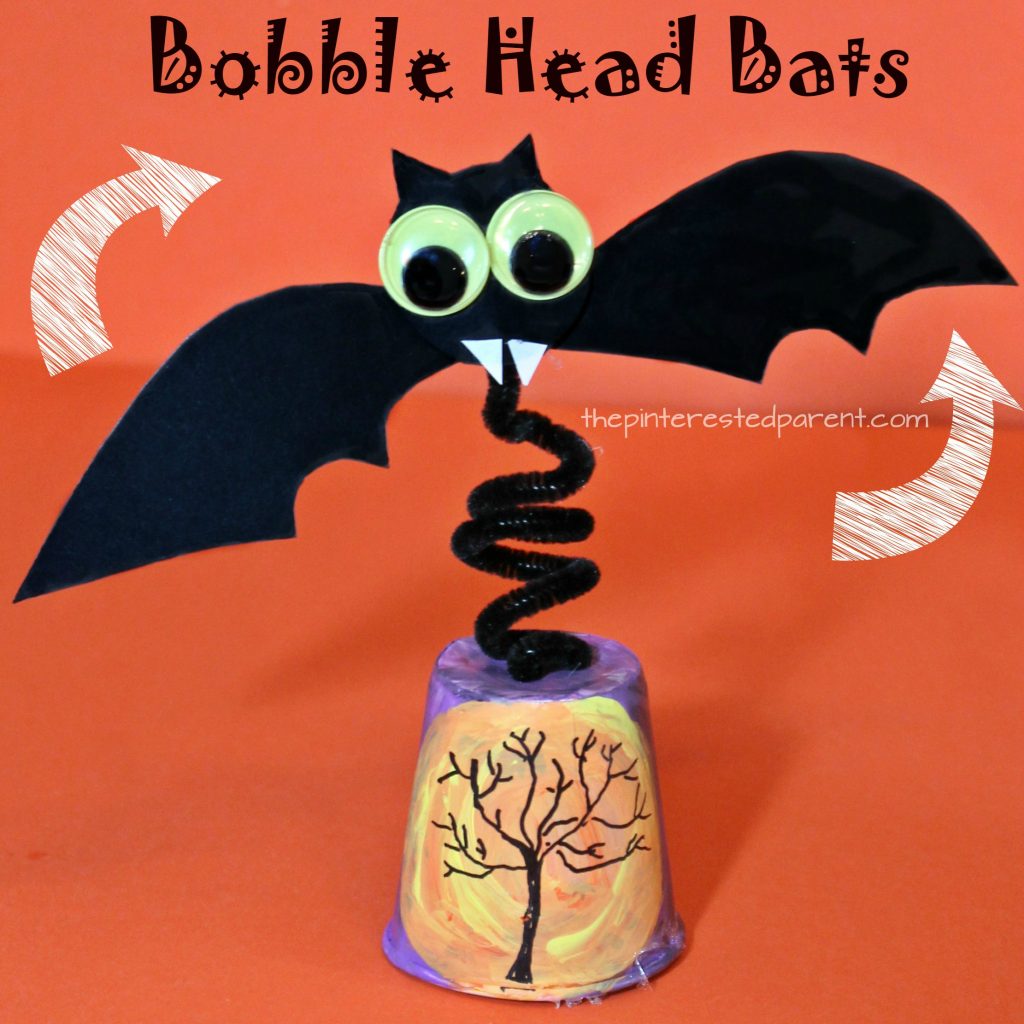 Bobble Head Bat with printable bat template- watch it wobble and fly. Halloween arts and crafts for kids