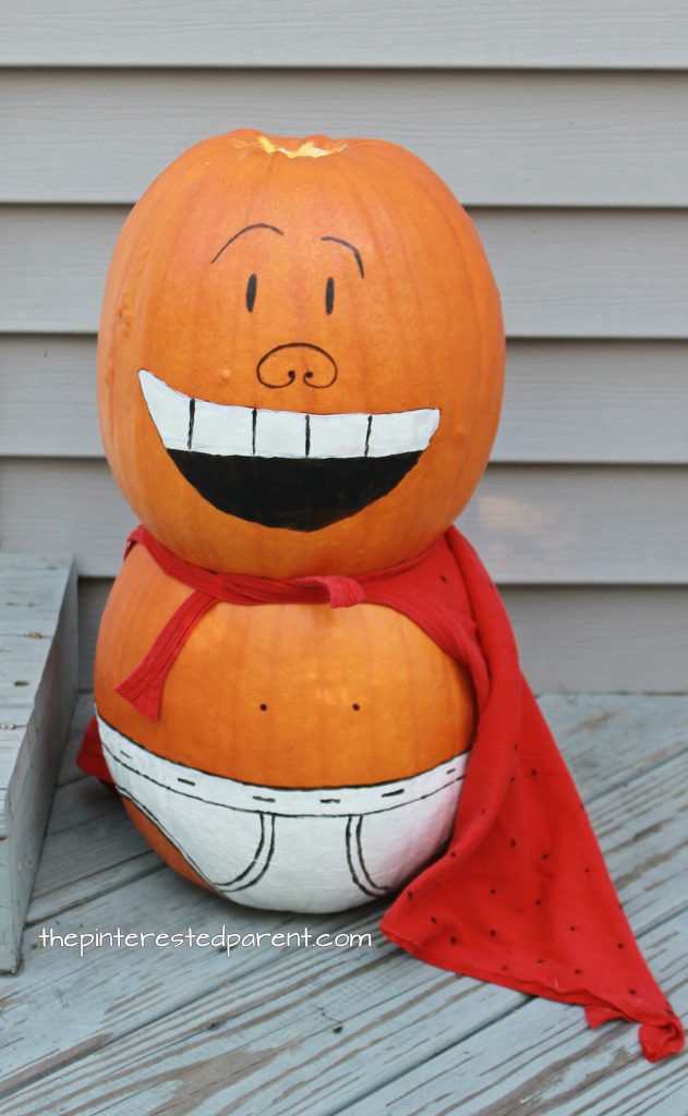 Painted Captain Underpants pumpkins for fall and Halloween. If your kids love the Captain Underpants's books or movie, they will love this no carve pumpkin idea. Autumn arts and crafts