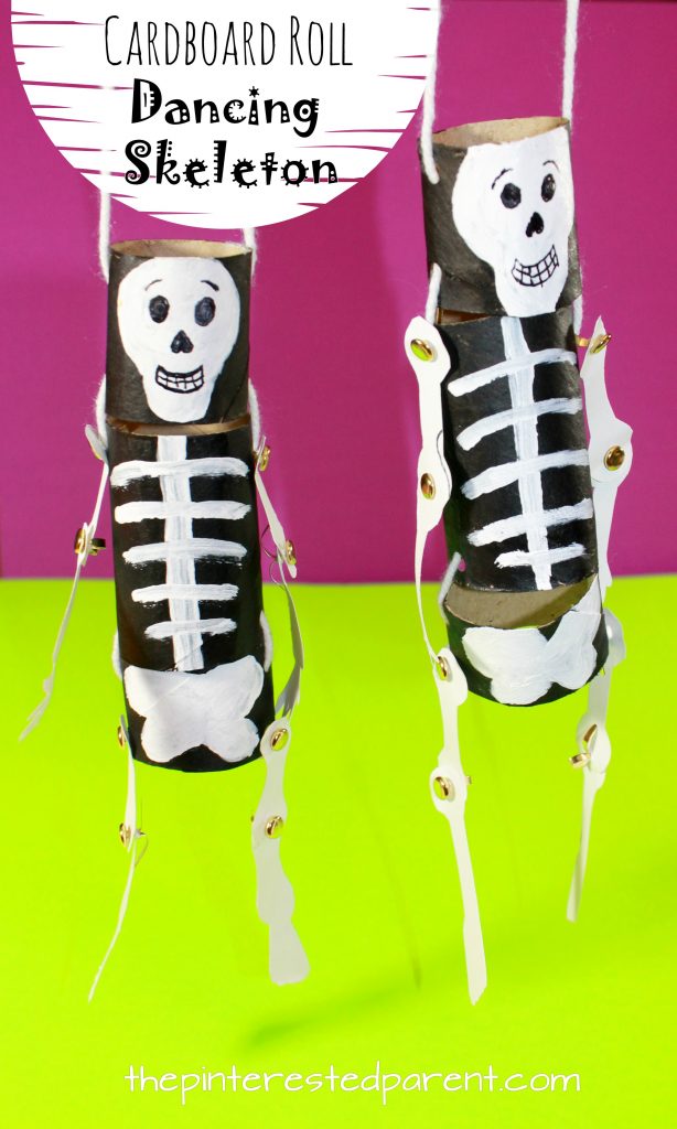 Cardboard roll dancing skeleton puppets - Halloween arts and crafts for kids. Crafts with cardboard tube recyclables