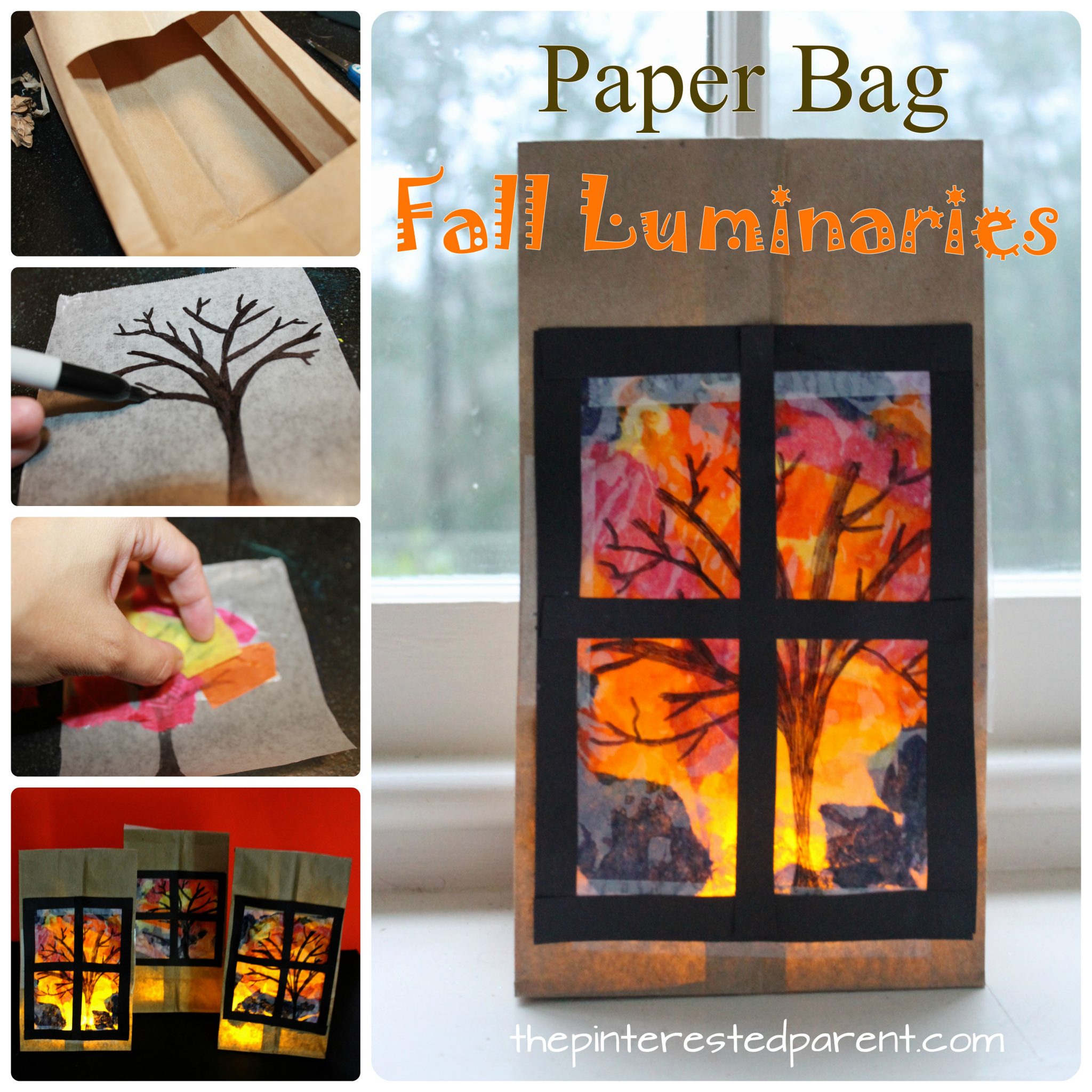 Pretty Paper Bag Fall Tree Luminary - Autumn arts and crafts for kids.