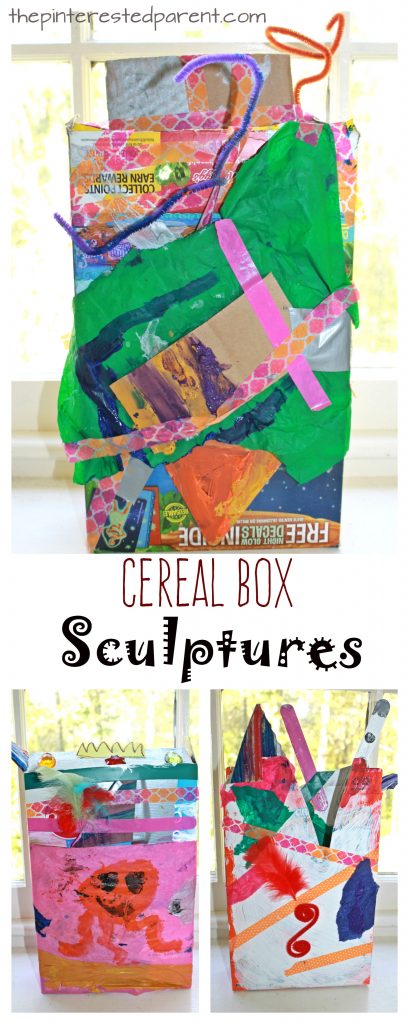 Cereal box sculptures - process art recyclables sculptures for kids. Arts and crafts for kids