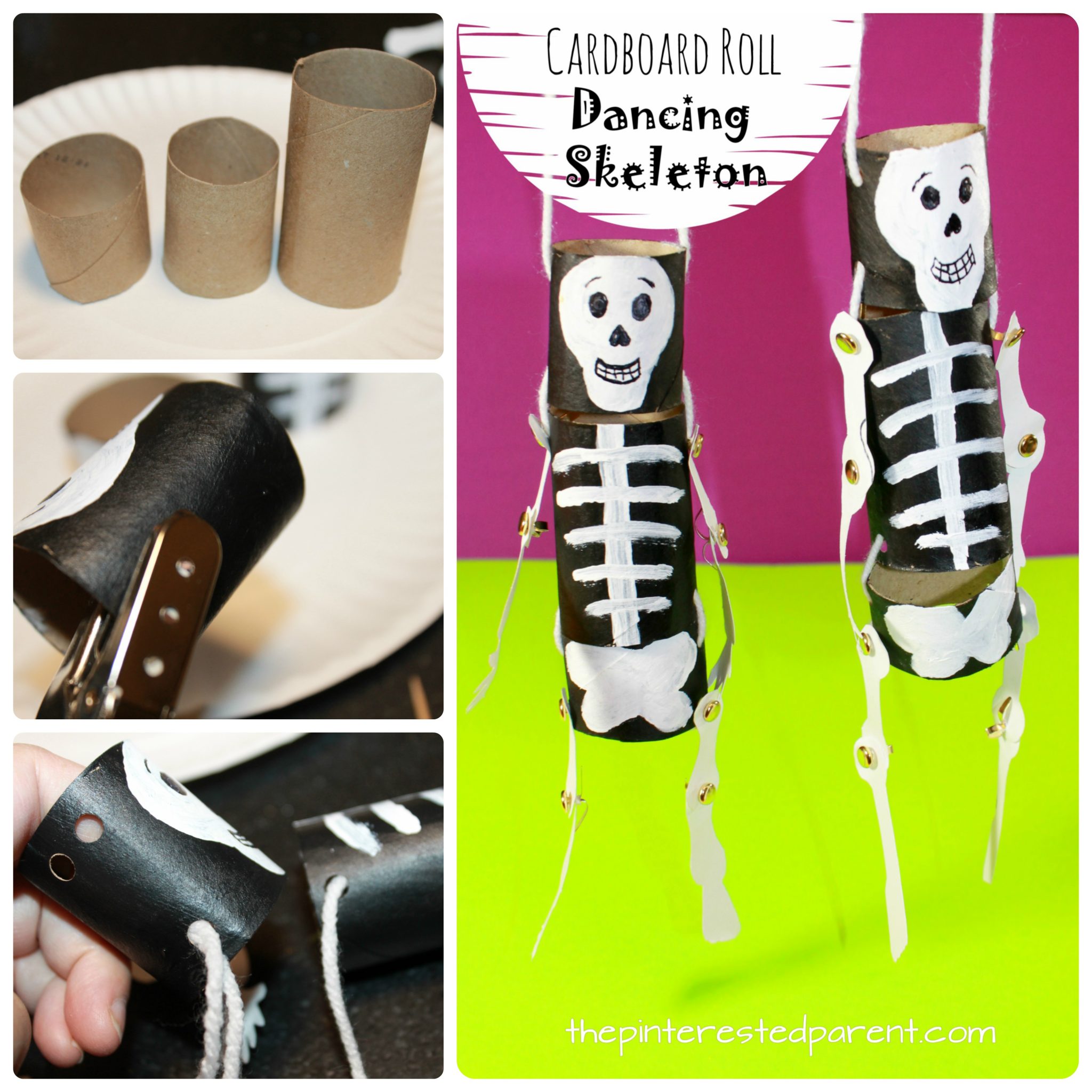 Cardboard roll dancing skeleton - Halloween arts and crafts for kids. Crafts with Recyclables