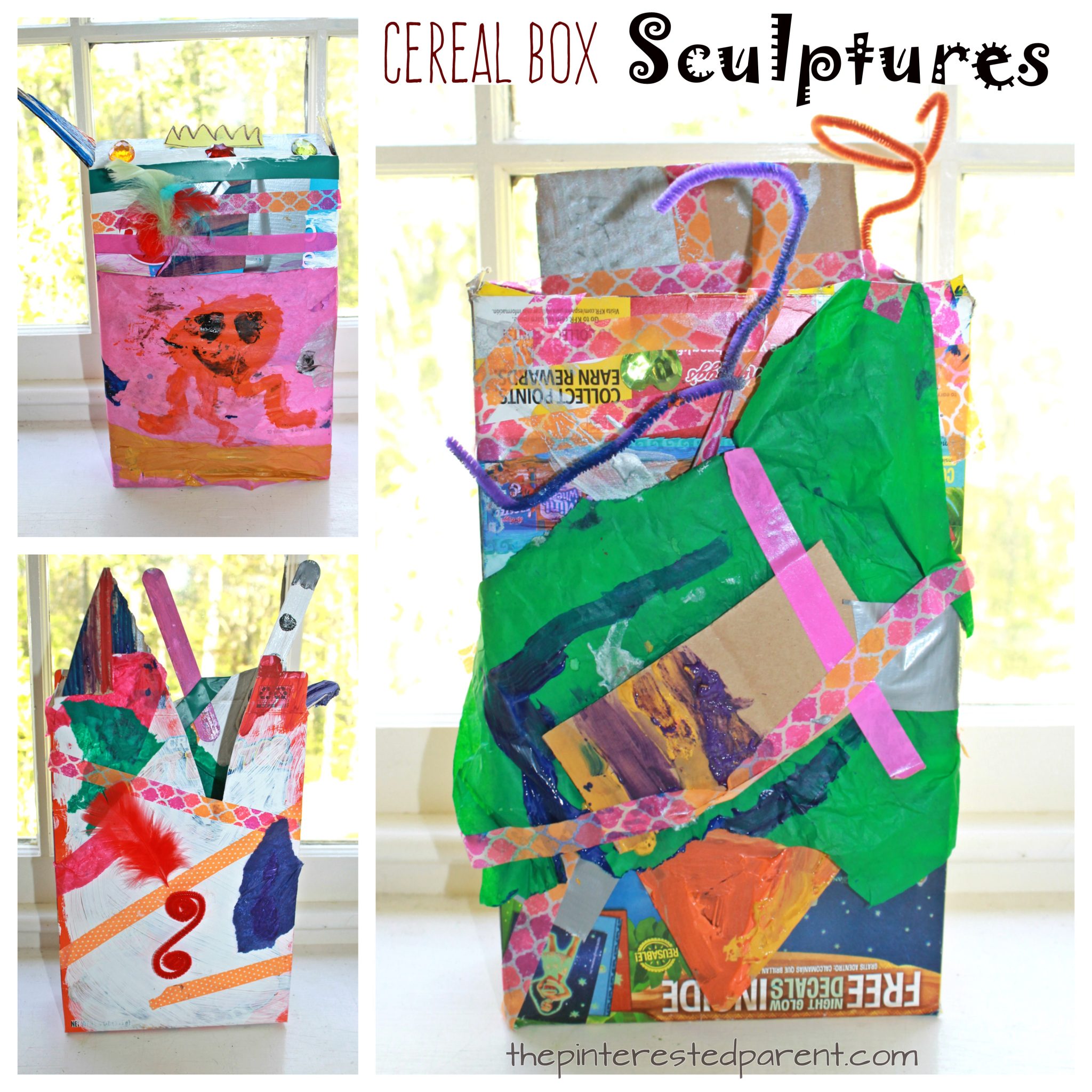 Cereal box sculptures - process art recyclables sculptures for kids. Arts and crafts for kids