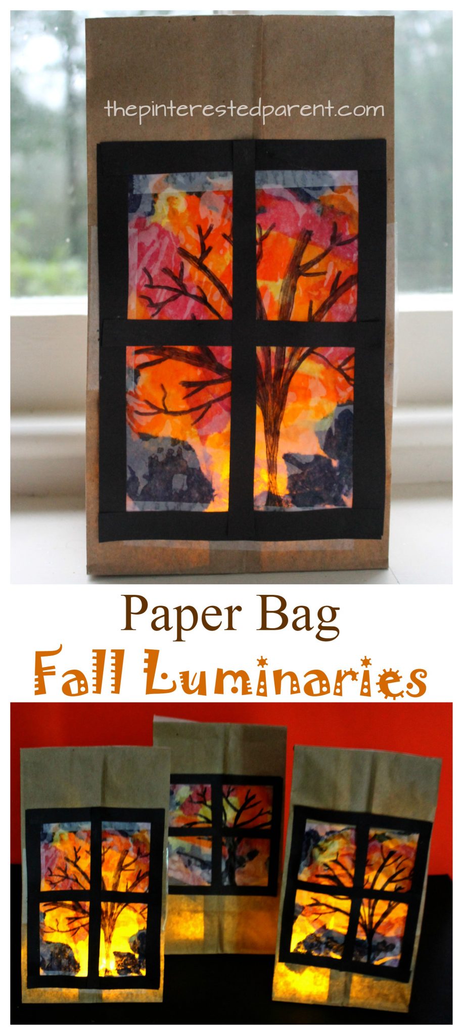 Pretty Paper Bag Fall Tree Luminaries - Autumn arts and crafts for kids.