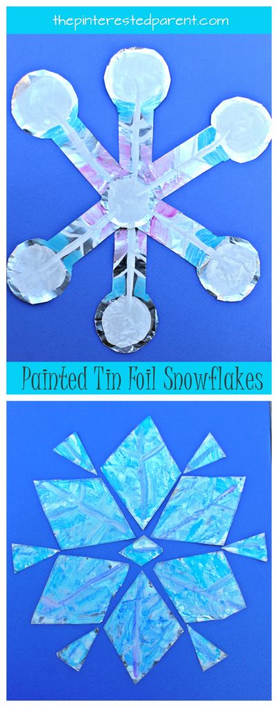 Painted tin foil snowflakes - Winter arts and crafts for kids