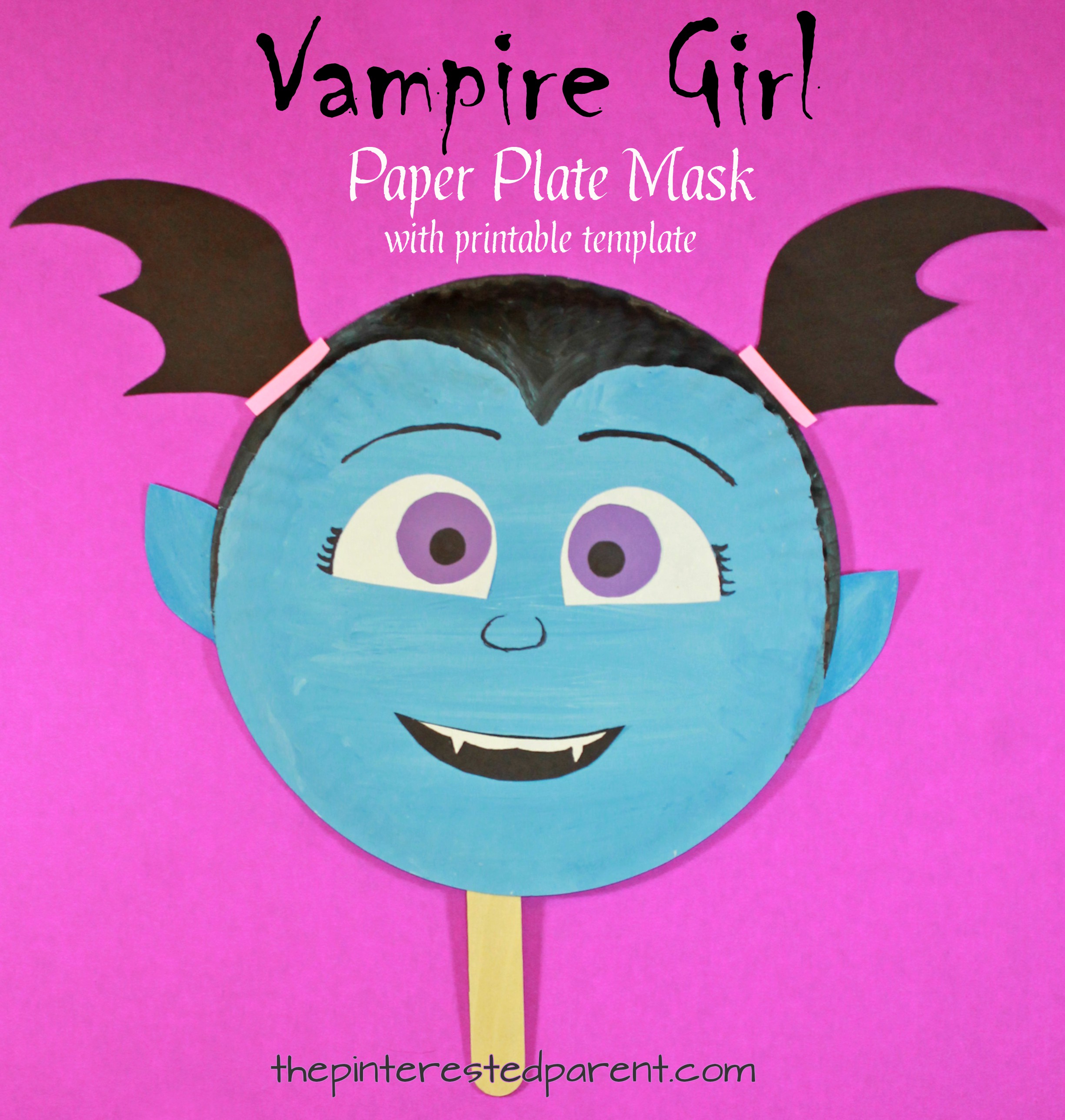 Vampirina inspired vampire girl paper plate mask with free printable template. Arts and crafts for kids. Perfect for Halloween or for pretend play.