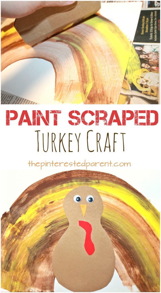Paint scraped turkey craft - fun and easy kid's arts and craft idea for Thanksgiving.