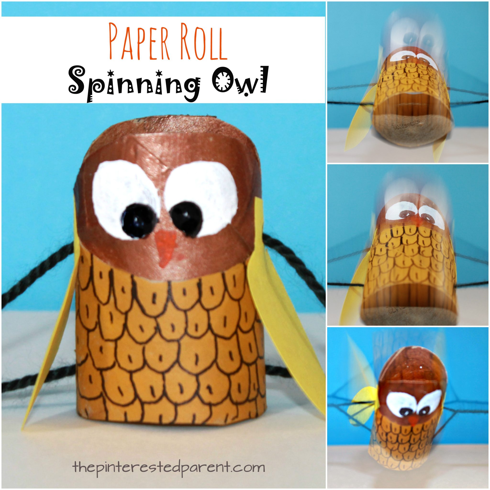 Paper roll spinning owl craft - Use a recycled paper towel or toilet paper roll to make these adorable spinners. Arts and crafts for kids. with recyclables.