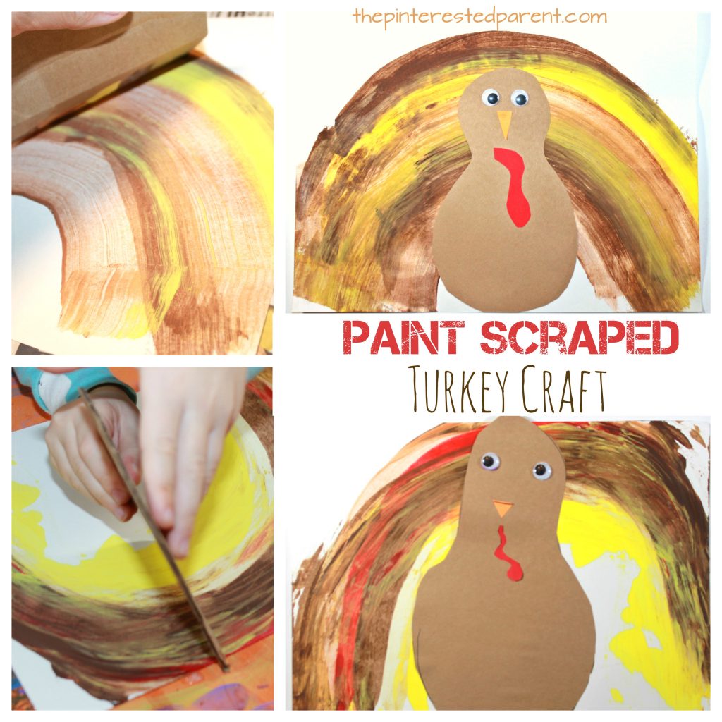 Paint scraped turkey craft - fun and easy kid's arts and craft idea for Thanksgiving.