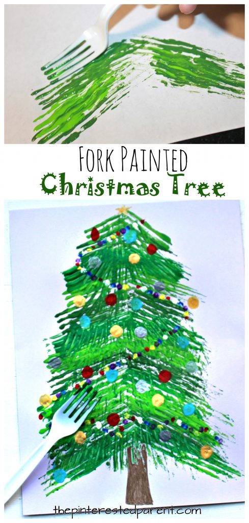 Fork painted Christmas tree - winter arts and crafts projects for kids. Stamp and paint with a fork.