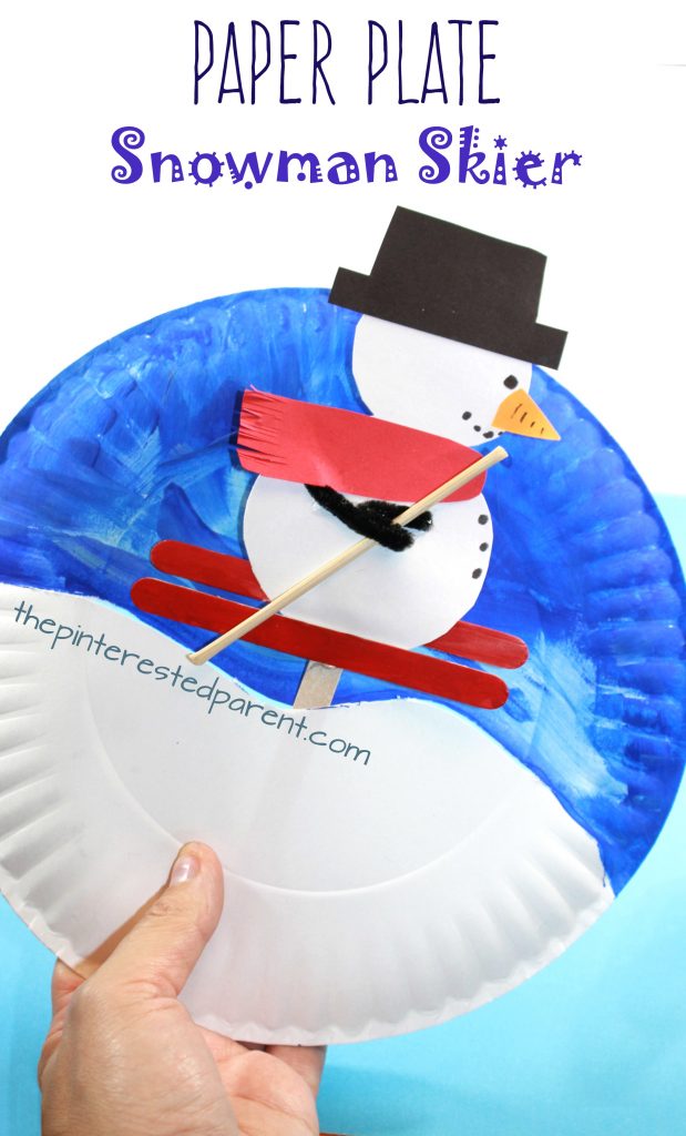 Paper plate snowman skier. Interactive arts and crafts project for the kids for the winter.