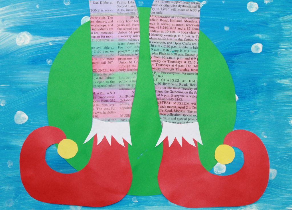 Mixed media elf shoes with printable template for your convenience. - Use paint, paper, newspaper, markers or watercolors to create these fun and colorful elf shoes. Winter and Christmas arts and crafts. 