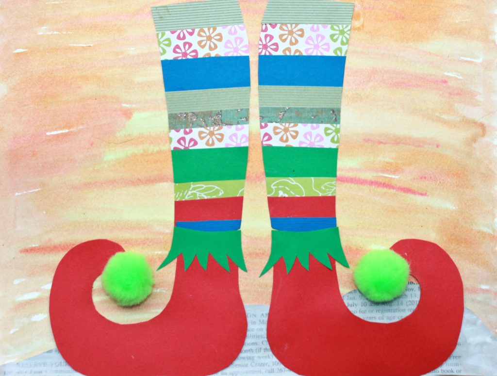 Mixed media elf shoes with printable template for your convenience. - Use paint, paper, newspaper, markers or watercolors to create these fun and colorful elf shoes. Winter and Christmas arts and crafts. 