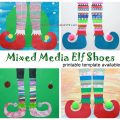 Mixed media elf shoes with printable template for your convenience. - Use paint, paper, newspaper, markers or watercolors to create these fun and colorful elf shoes. Winter and Christmas arts and crafts.