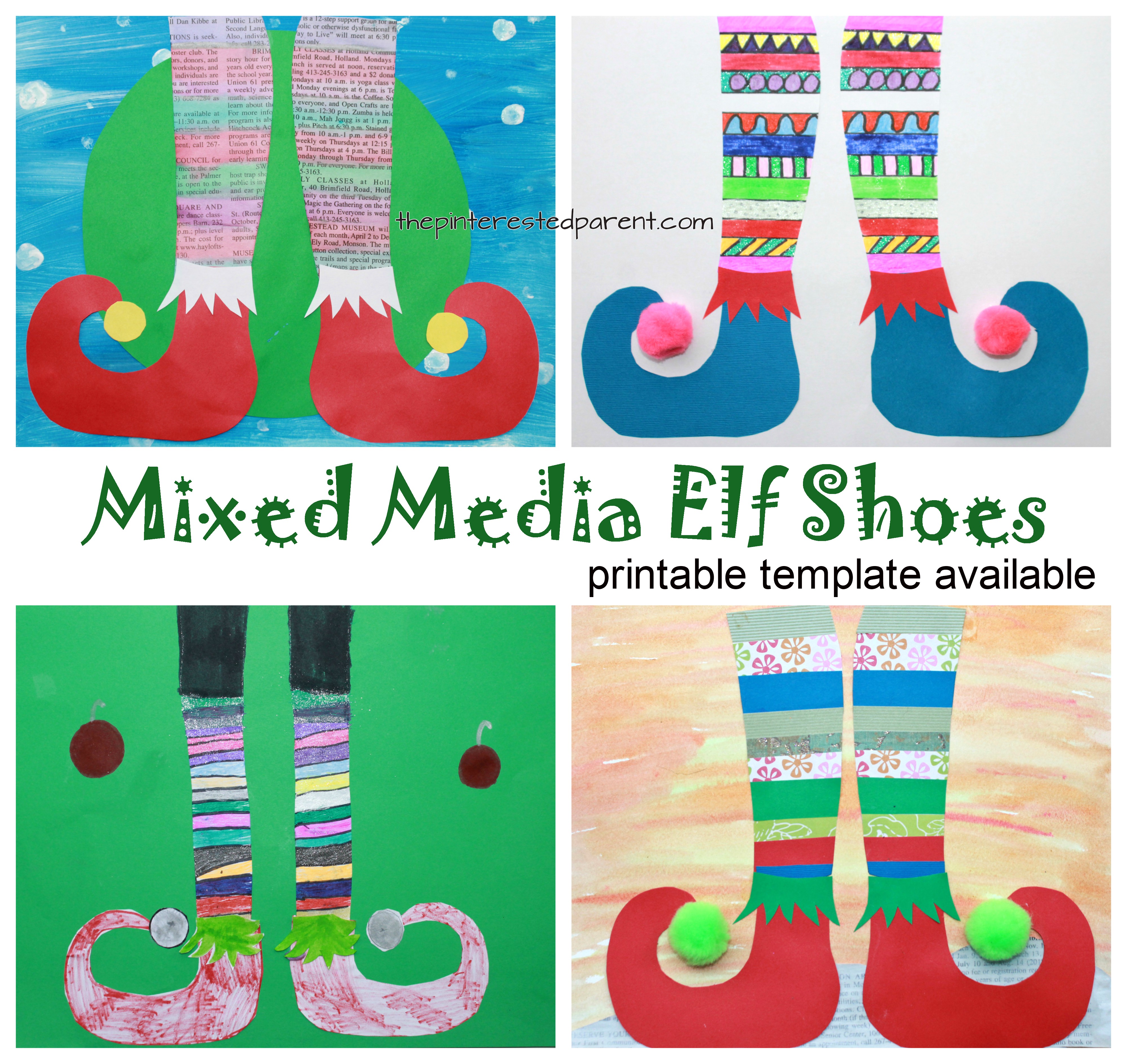 Mixed media elf shoes with printable template for your convenience. - Use paint, paper, newspaper, markers or watercolors to create these fun and colorful elf shoes. Winter and Christmas arts and crafts.