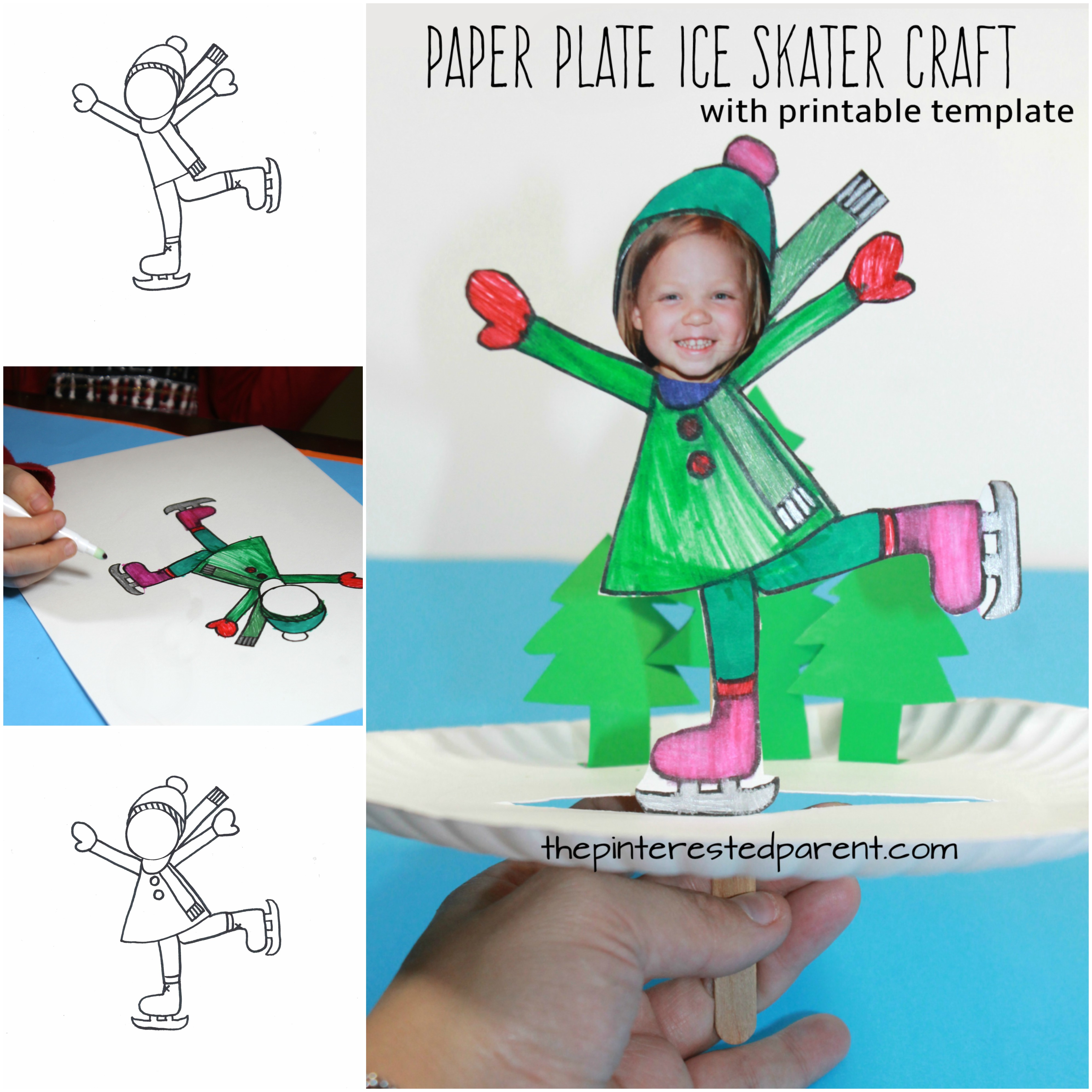 Interactive paper plate ice skating craft with boy and girl printable templates - winter and Christmas arts and crafts for kids