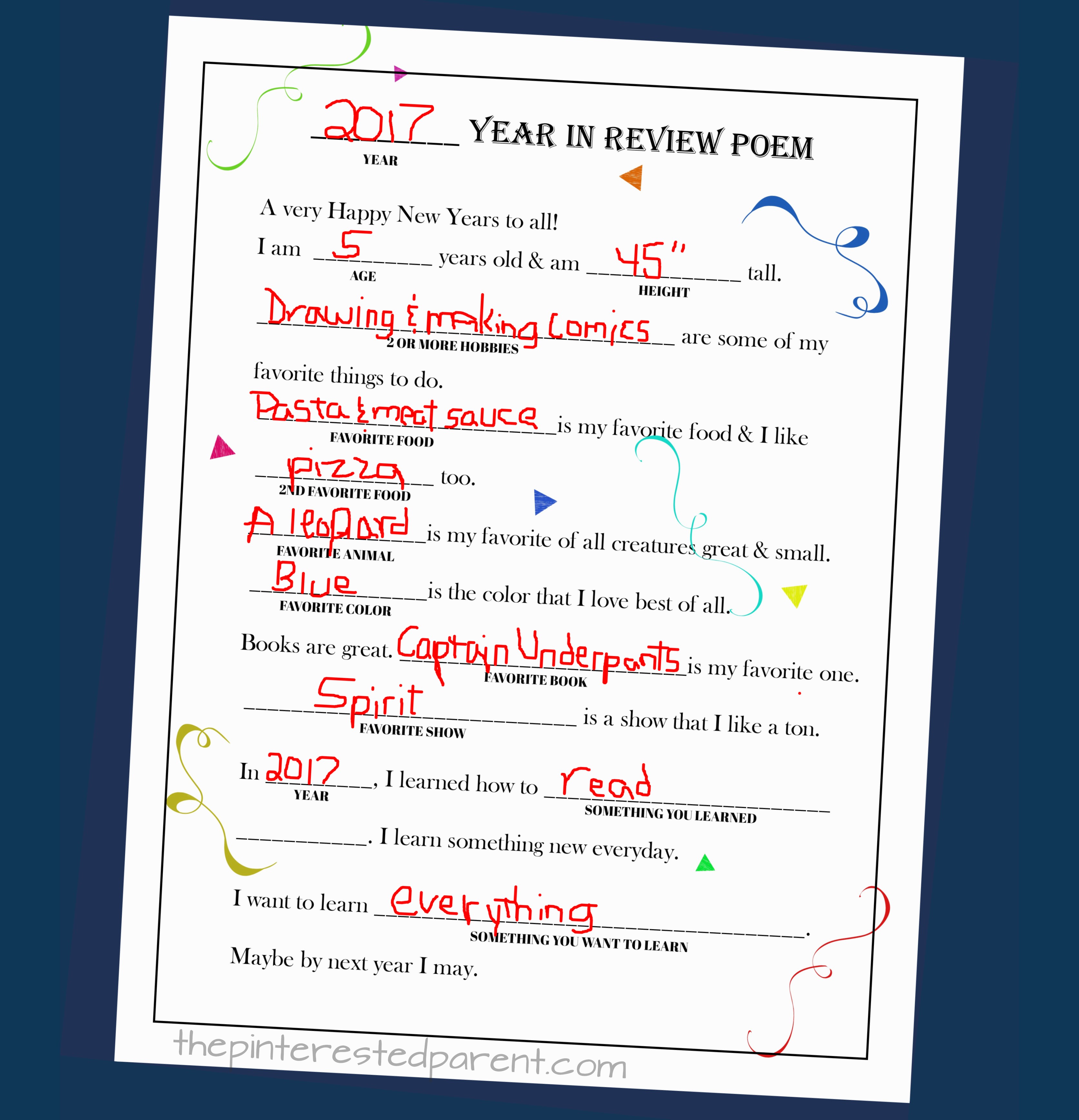 Printable Year In Review Fill-in Poem - fillable questionaire poem for kids for New years