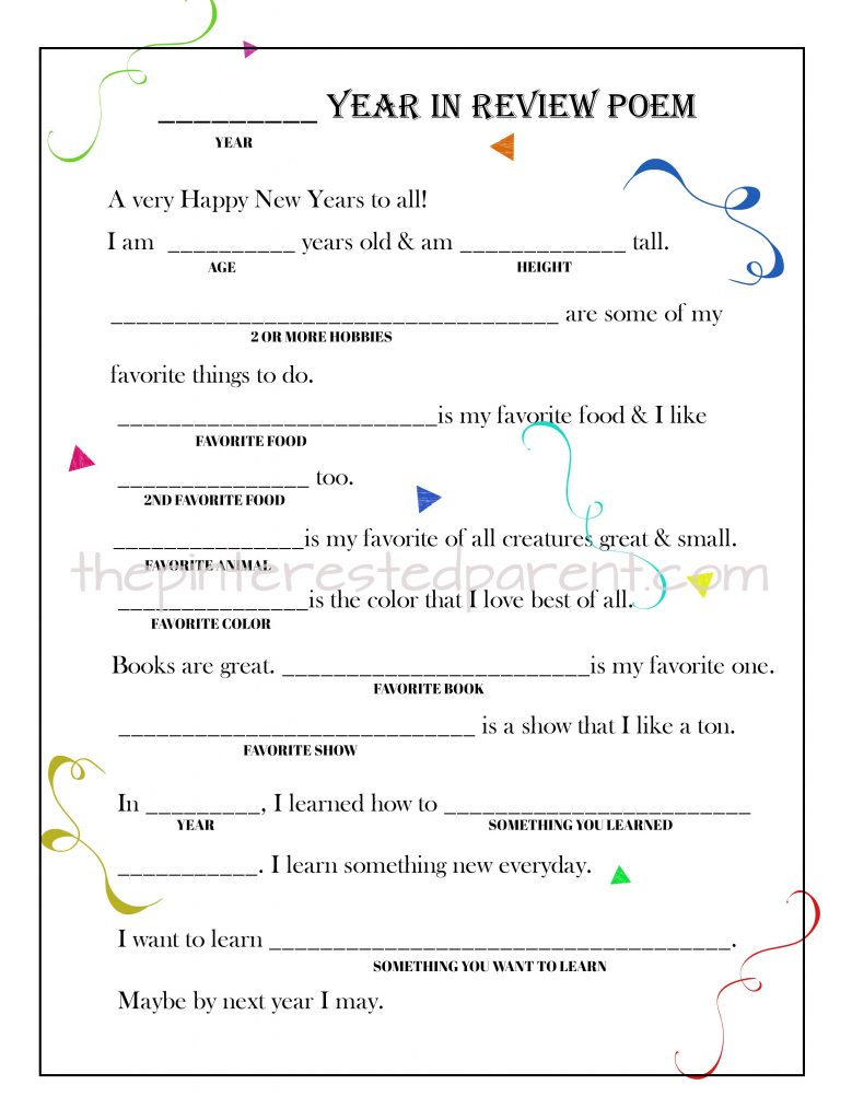 Printable Year In Review Fill-in Poem - fillable questionaire poem for kids for New years