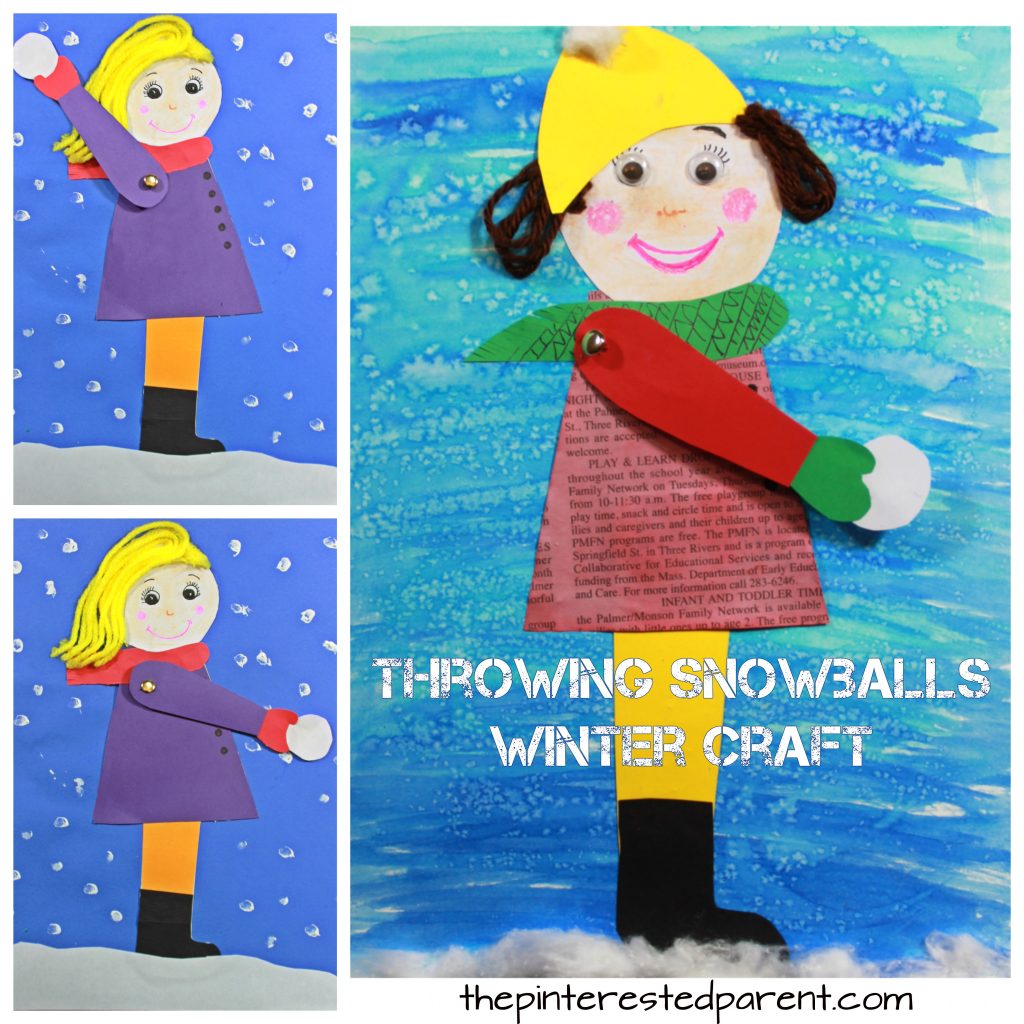 Throwing snowballs craft or mixed media art with free printable template. Winter arts and crafts for kids. Snow crafts