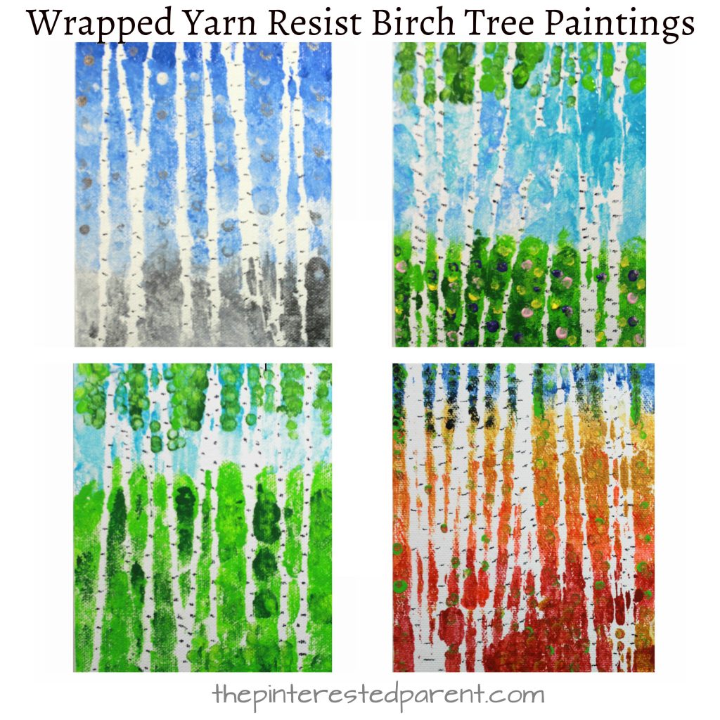 Wrapped yarn resist birch tree paintings for every season. Kids arts and crafts projects. Inspired by artist Gustav Klimt