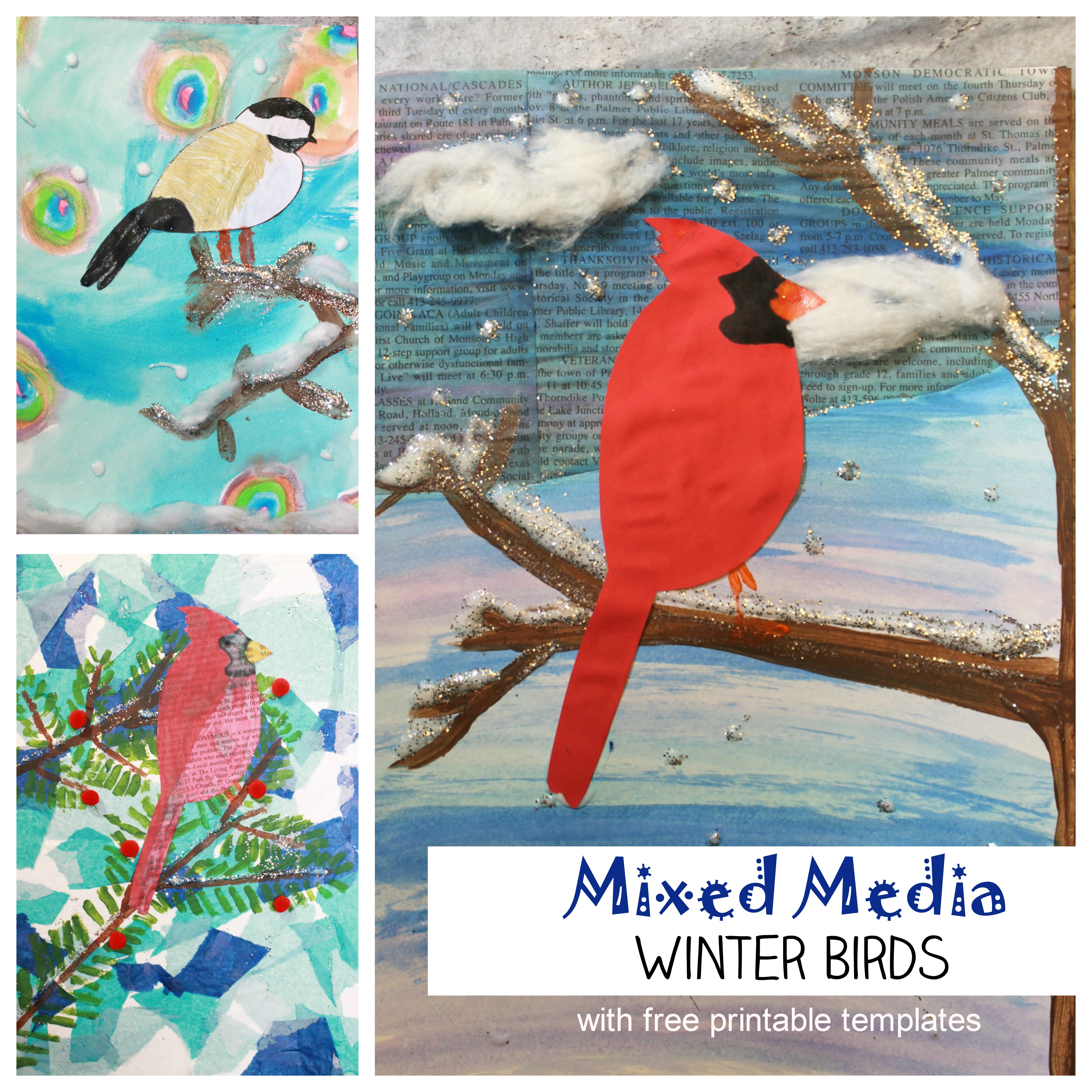 Mixed Media Winter Birds with free printable cardinal & chickadee templates. Beautiful winter art projects for kids