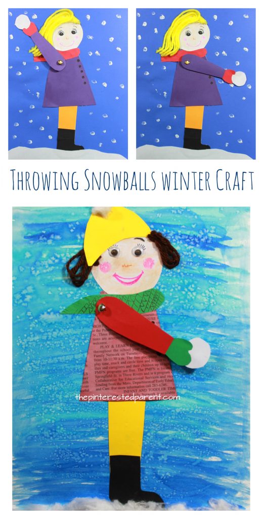 Throwing snowballs craft or mixed media art with free printable template. Winter arts and crafts for kids. Snow crafts