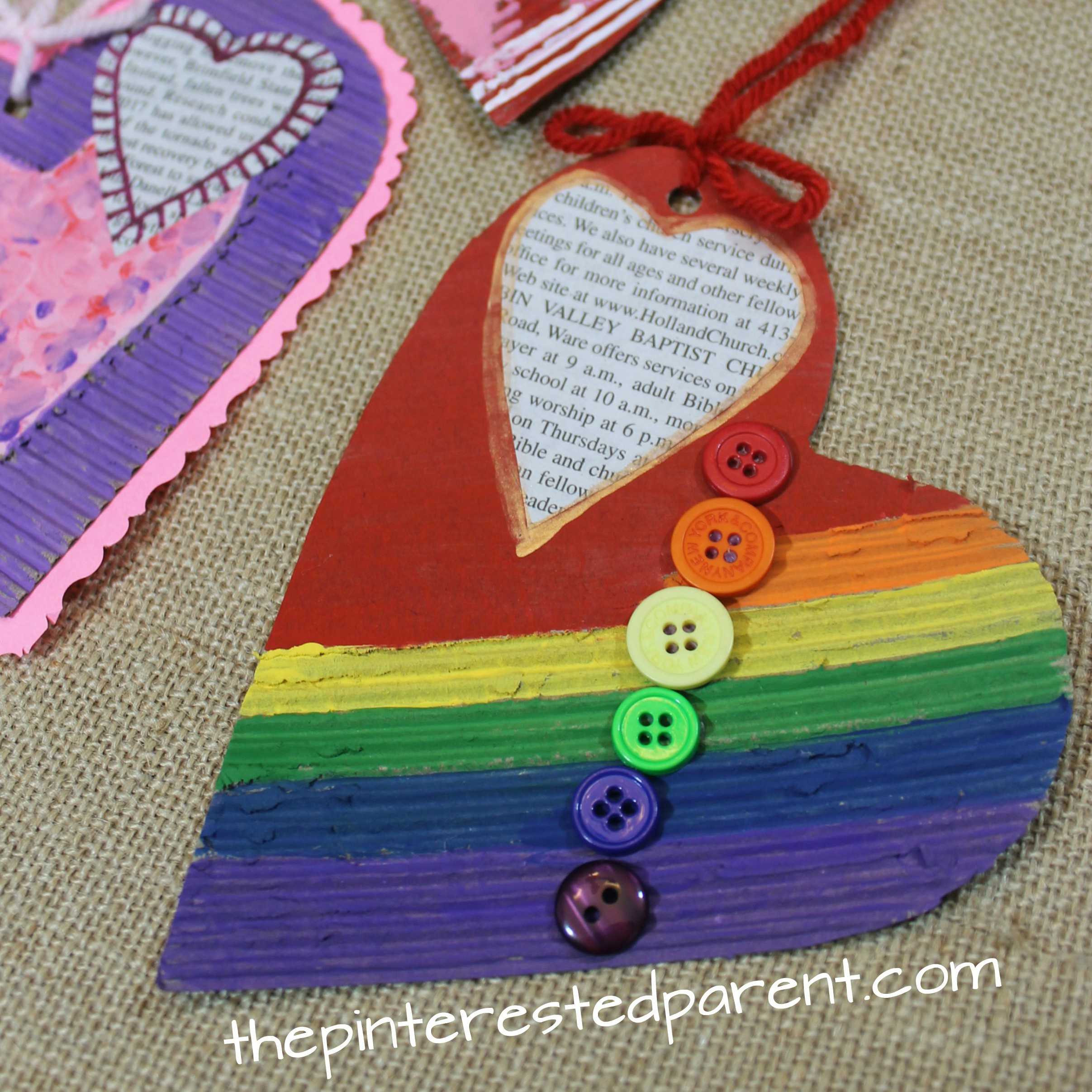 Mixed media corrugated cardboard hearts. Valentine's arts and crafts for kids.