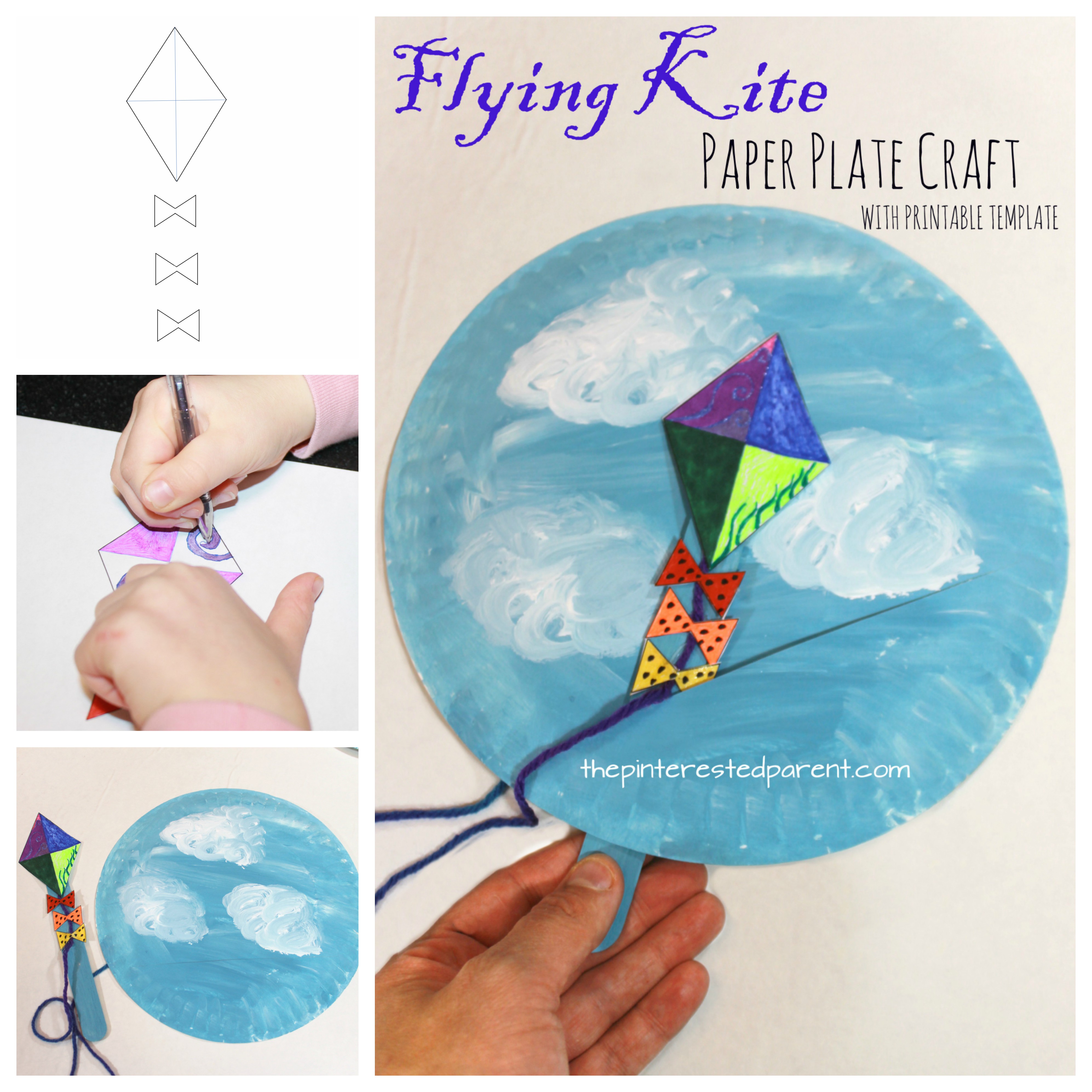Interactive Flying Kite Paper Plate Craft with free printable template. Spring arts and crafts for kids