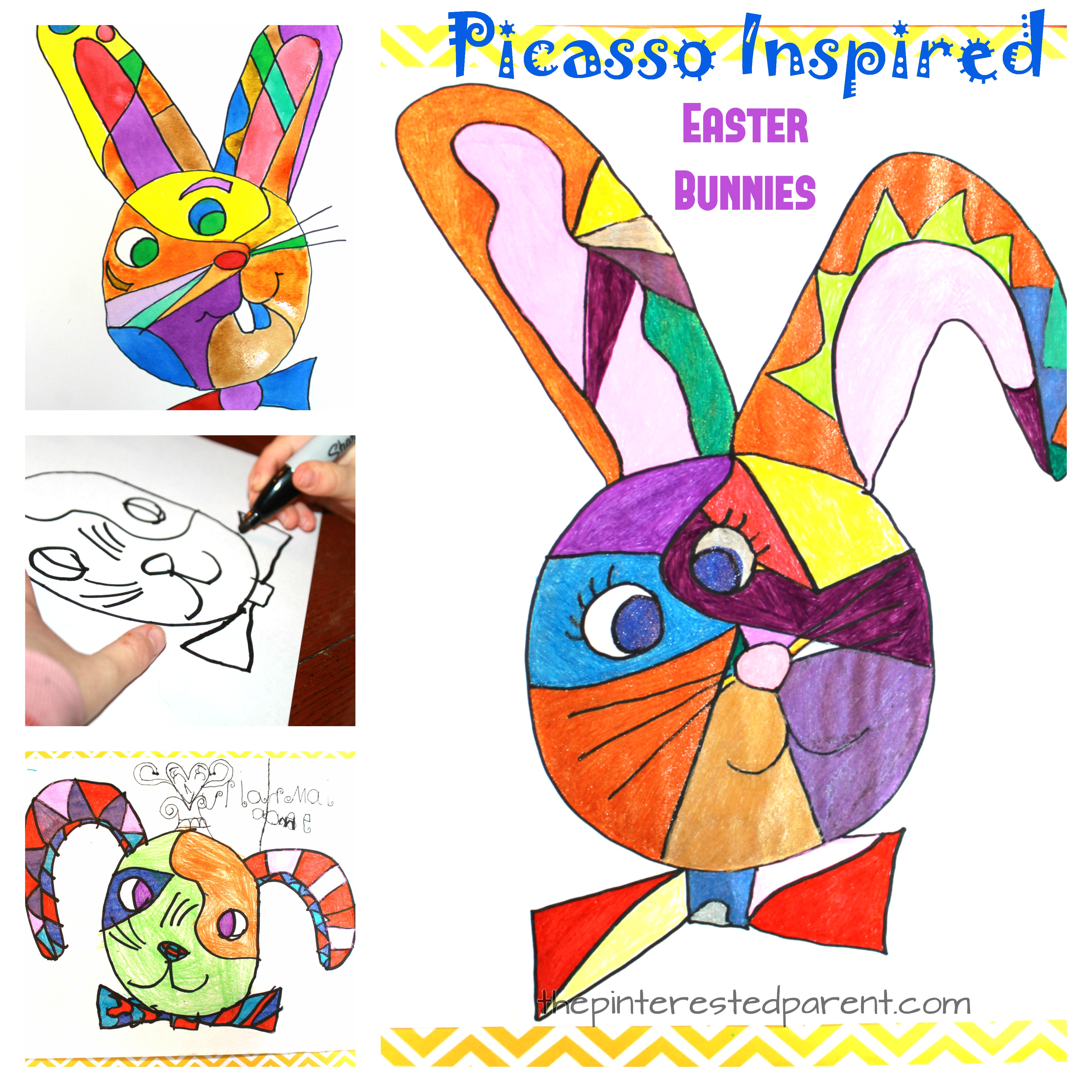 Picasso inspired Easter bunny art project. Easter arts and crafts for kids. Artist inspired artwork