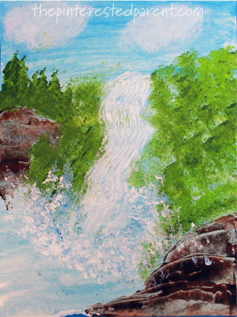 Sponge and fork painted waterfalls. This beautiful paint project is great for kids and adults. Arts and crafts