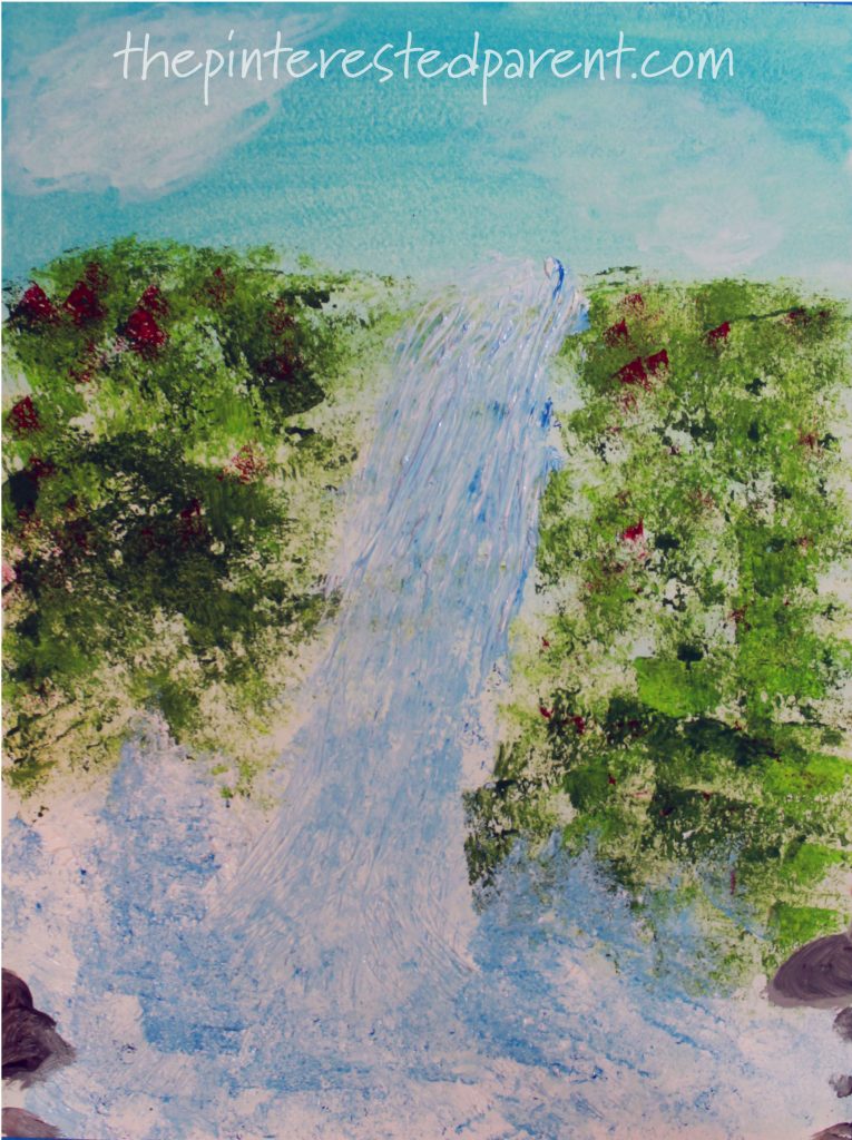 Sponge and fork painted waterfalls. This beautiful paint project is great for kids and adults. Arts and crafts