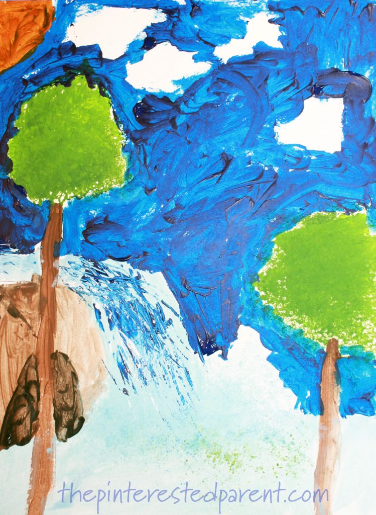 Sponge and fork painted waterfalls. This beautiful paint project is great for kids and adults. Arts and crafts