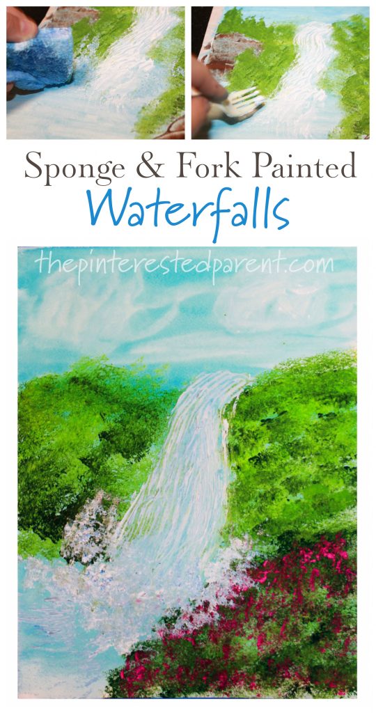 Sponge and fork painted waterfalls. This beautiful paint project is great for kids and adults. Arts and crafts