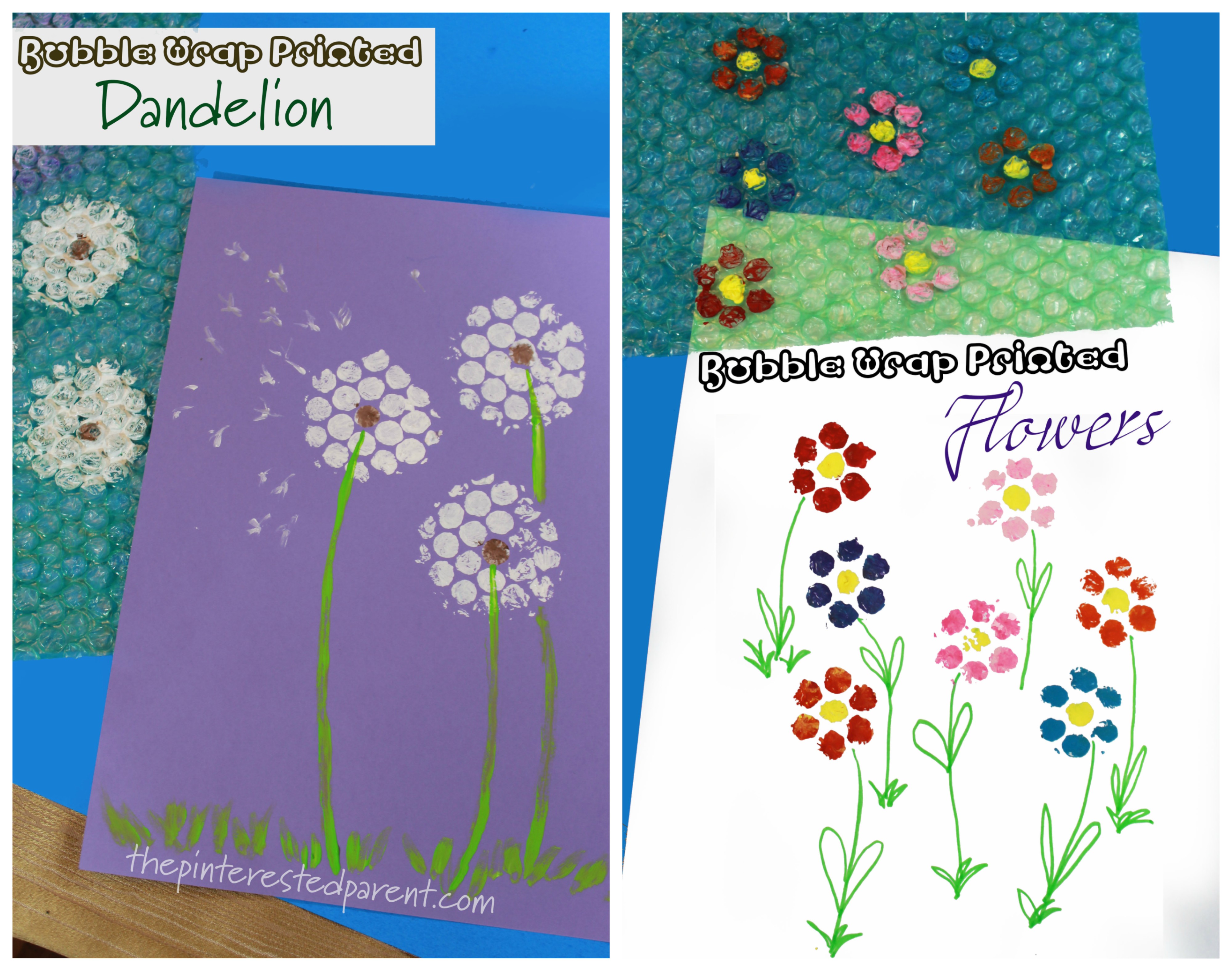 Bubble Wrap printed flowers - kid's arts and craft. Printmaking and stamping ideas for the spring and summer