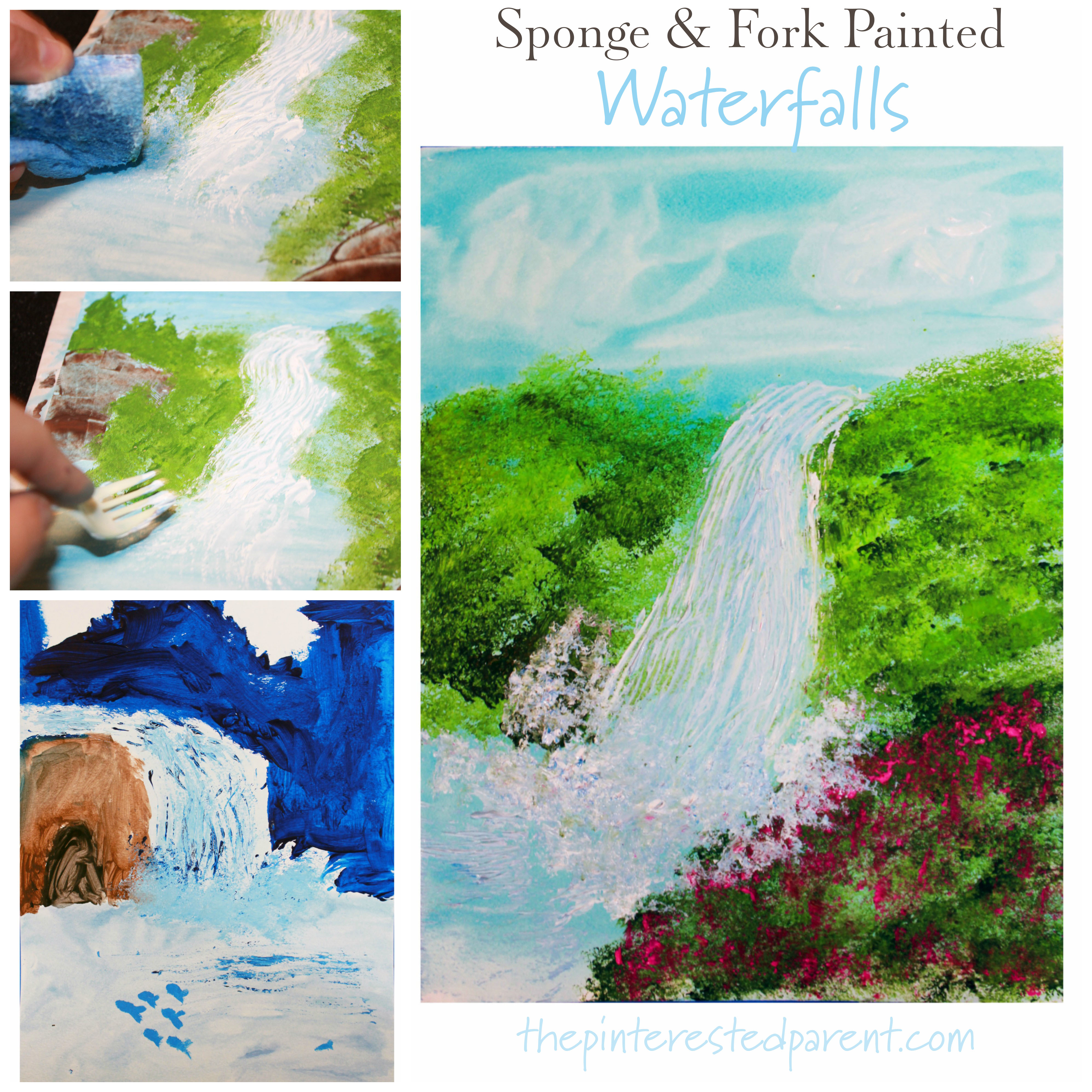 Sponge and fork painted waterfalls. This beautiful paint project is great for kids and adults. Arts and crafts