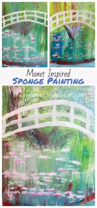 Monet Inspired Sponge Painting. Bridge Over A Pond Of Water Lilies inspired impressionism art for kids. Artist inspired arts and crafts ideas