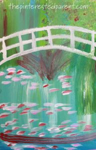 Monet Inspired Sponge Painting. Bridge Over A Pond Of Water Lilies inspired impressionism art for kids. Artist inspired arts and crafts ideas