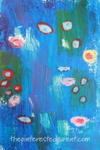 Monet Inspired Sponge Painting. Bridge Water Lilies inspired impressionism art for kids. Artist inspired arts and crafts ideas