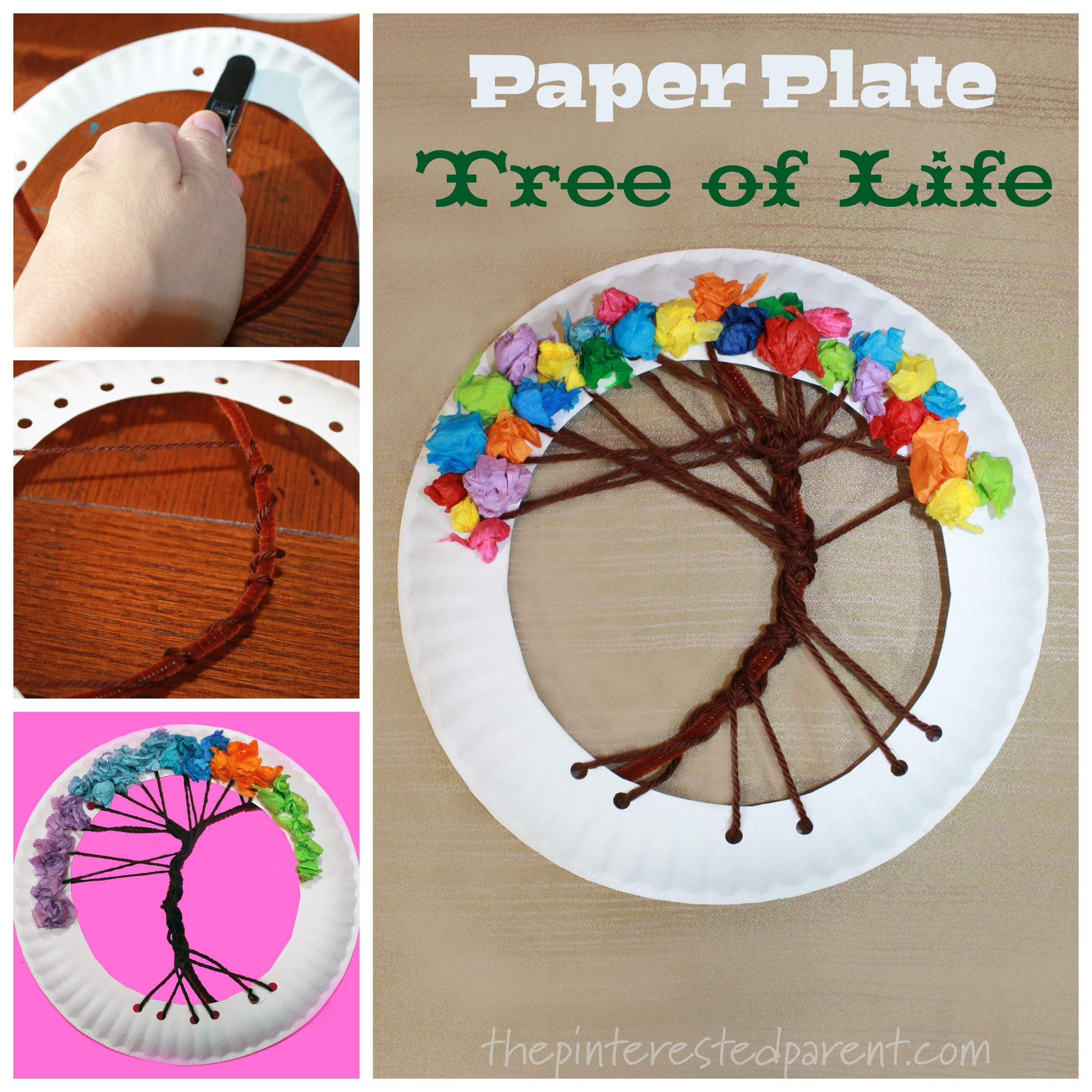 Paper Plate Tree of Life Lacing Craft. Arts and crafts for kids. Yarn and tissue paper