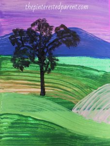 Paint scraped landcapes - use cardboard to scrape beautiful scenery. Art & painting for kids. Elementary art. #meadows #landscapes #painting