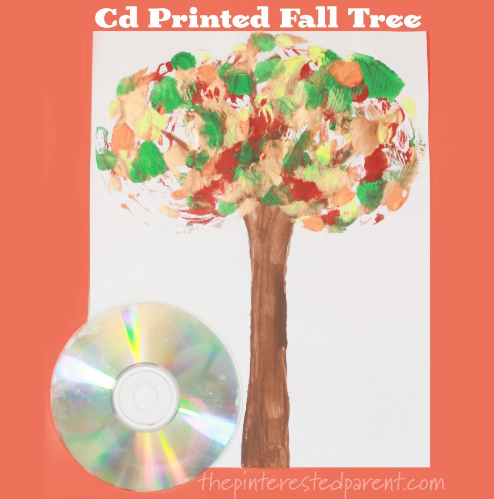 CD Printed Fall Tree - kids arts and craft for autumn. #painting #stamping #seasons