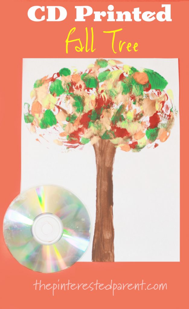 CD Printed Fall Tree - kids arts and craft for autumn. #painting #stamping #seasons