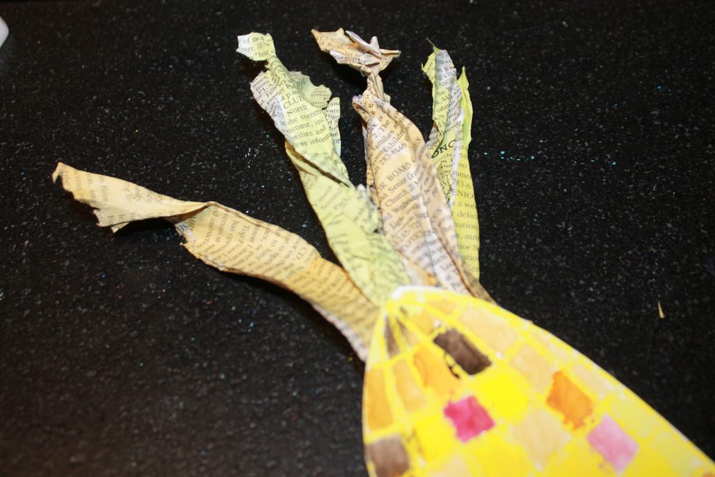 Mixed Media Indian Corn with Pastels, watercolors and newspaper. Arts and crafts for kids. Fall and autumn painting projects