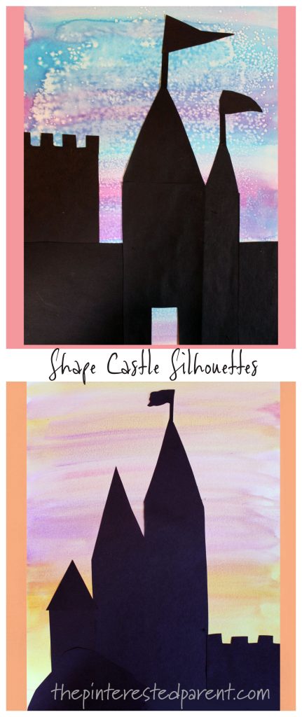 Shape Castle Sihouettes with Watercolors and construction paper - kids arts and crafts. #painting #fairy tales #magical