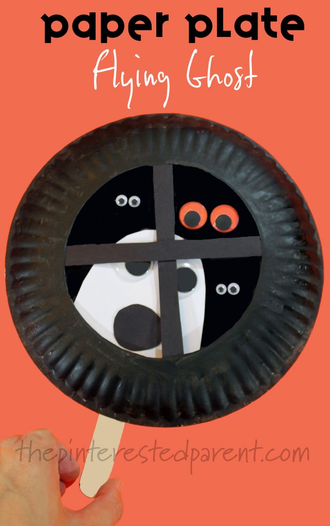 Paper Plate Flying Ghost in a window - Halloween arts and crafts for kids