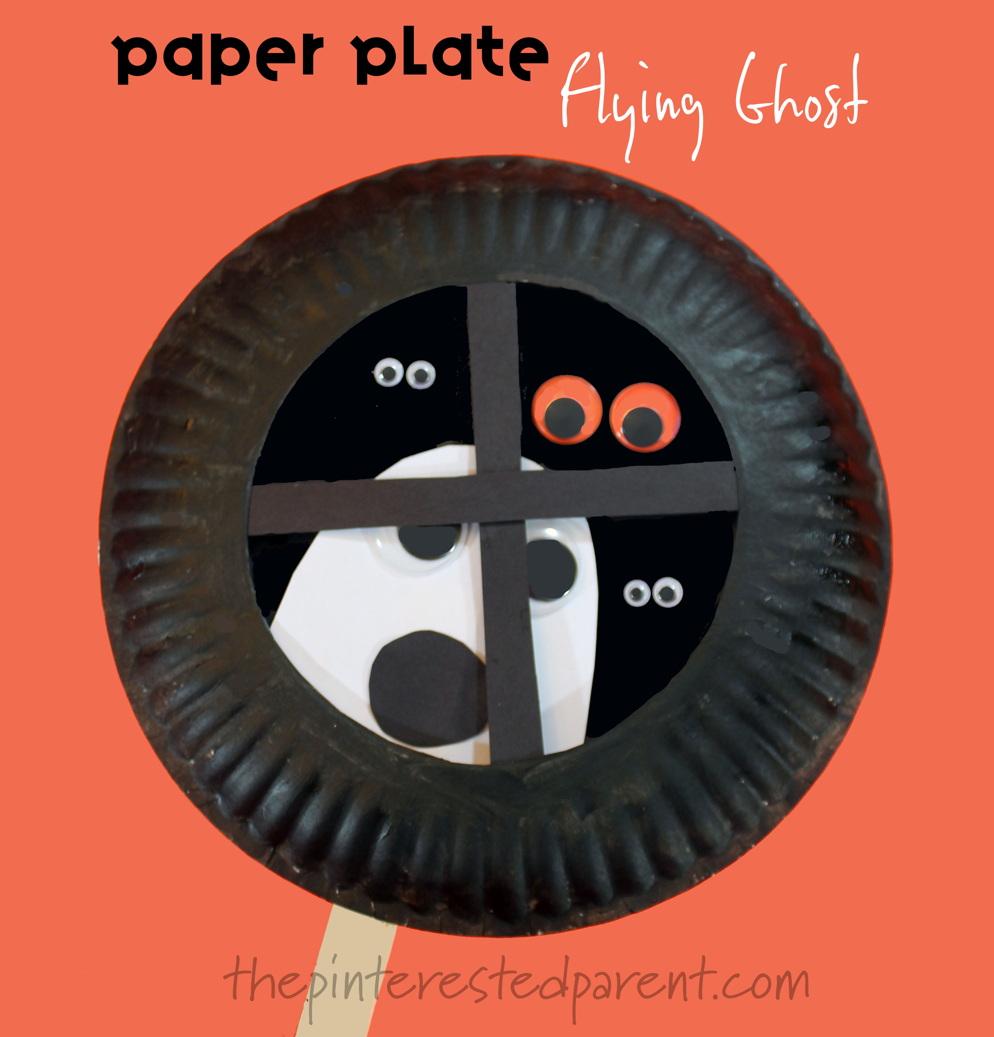 Paper Plate Flying Ghost in a window - Halloween arts and crafts for kids