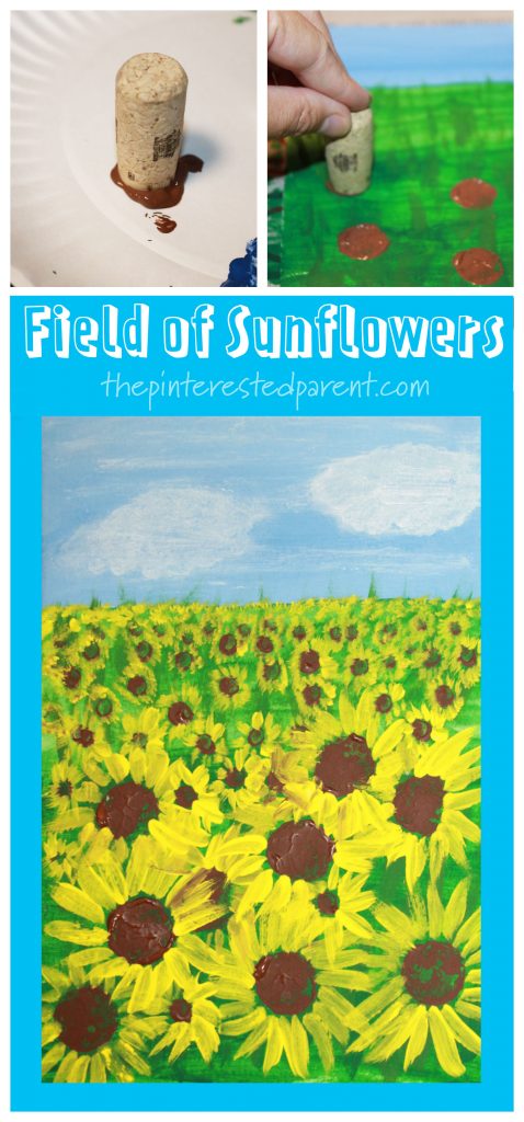 Easy how-to paint a field of sunflowers . Stamping and painting for kids. Fall arts and crafts landscape projects