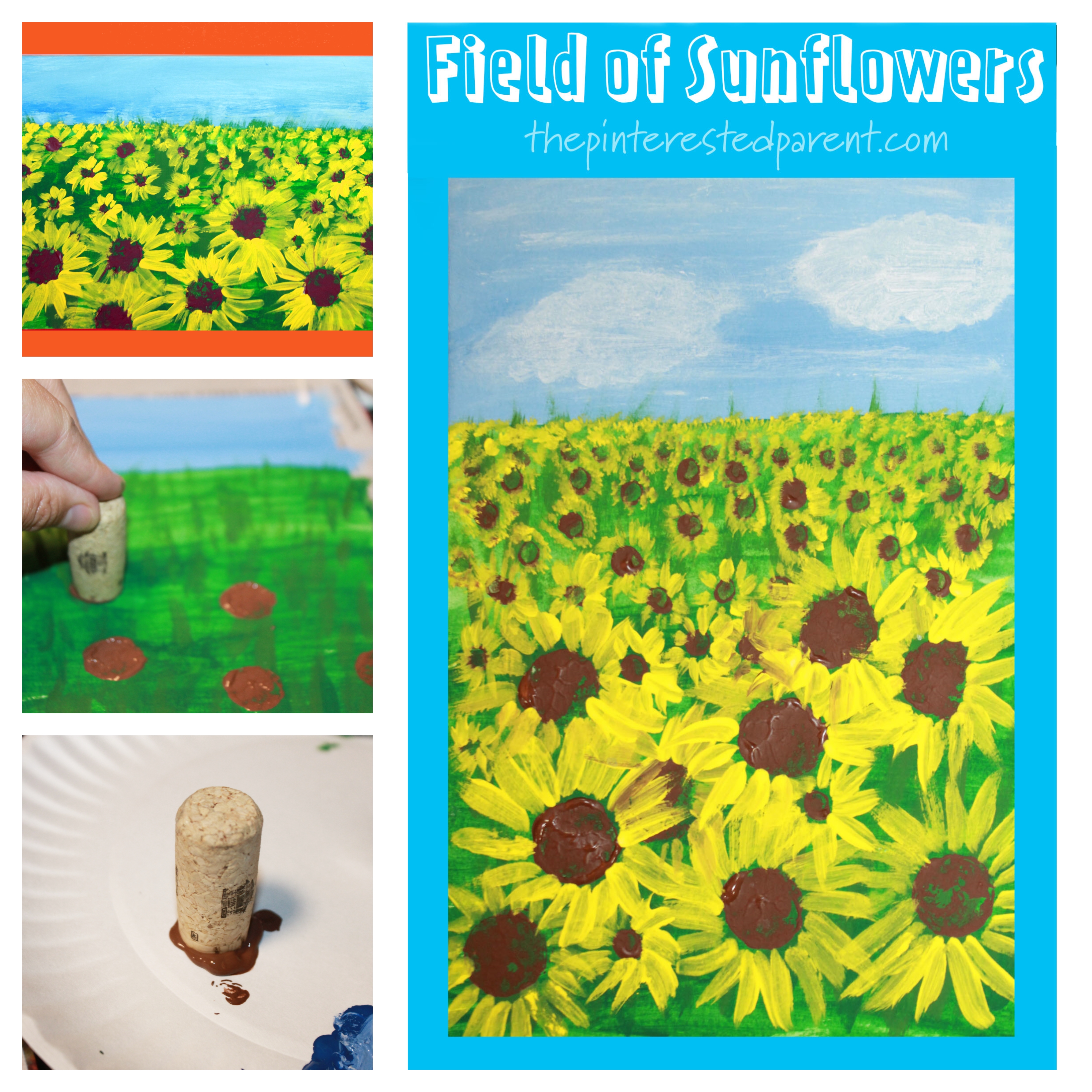 Easy how-to paint a field of sunflowers . Stamping and painting for kids. Fall arts and crafts landscape projects