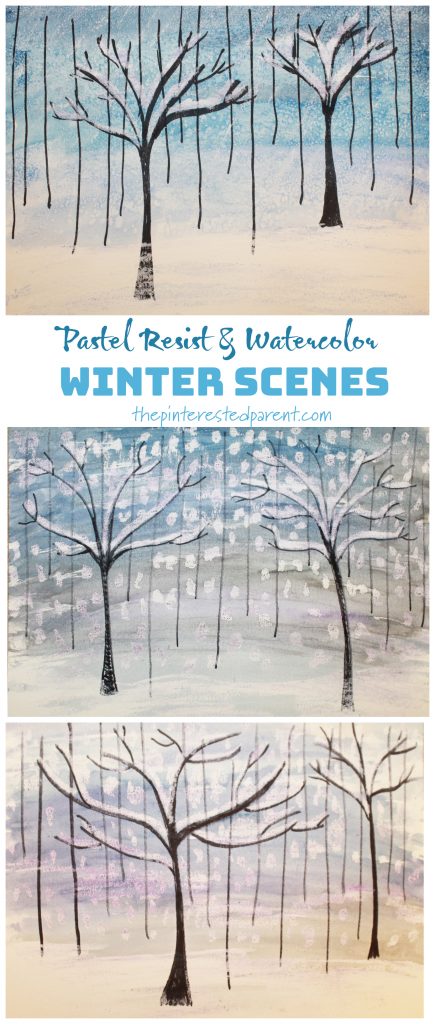 Pastel resist and watercolor painted winter scene - pretty and easy winter and Christmas art project for kids
